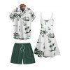 Vacation Couple Outfit Coconut Tree Print V Neck High Waist Spaghetti Strap Dress and Roll Up Sleeve Shirt Solid Color Drawstrings Beach Shorts Matching Outfit - Vert profond S | US 4