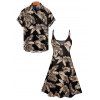 Vacation Couple Outfit Allover Leaf Pattern Spaghetti Strap A Line Tank Dress and Roll Up Sleeve Shirt Matching Outfit - Noir S | US 4