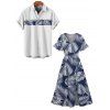 Vacation Couple Outfit Allover Palm Leaf Pattern Flare Sleeve Slit Dress and Roll Up Sleeve Shirt Matching Outfit - Bleu profond S | US 4