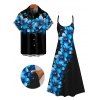 Vacation Couple Outfit Dots Floral Pattern Spaghetti Strap A Line Tank Dress and Roll Up Sleeve Shirt Matching Outfit - Noir S | US 4