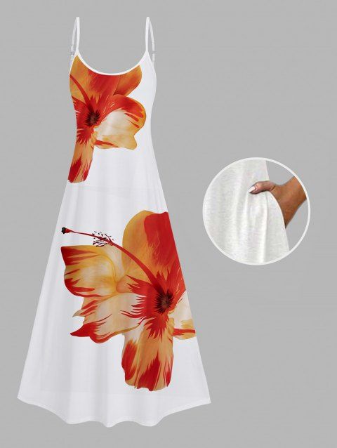 Tropical Floral Pattern Spaghetti Strap Vacation Dress Pocket A Line Long Beach Dress