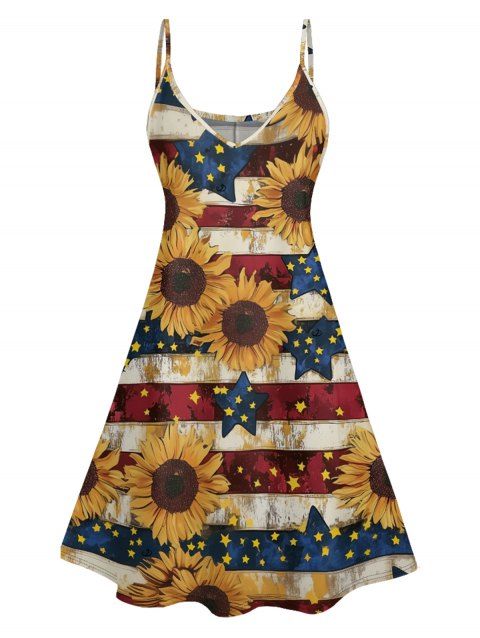 Star Striped Sunflower Pattern Patriotic Dress Spaghetti Strap Independence Day A Line Tank Dress