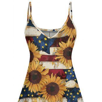 Star Striped Sunflower Pattern Patriotic Dress Spaghetti Strap Independence Day A Line Tank Dress