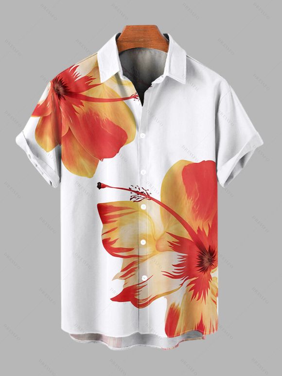 Chemise de Plage Motif de Fleur Tropicale Boutonnée à Manches Roulées pour Homme - Orange 4XL