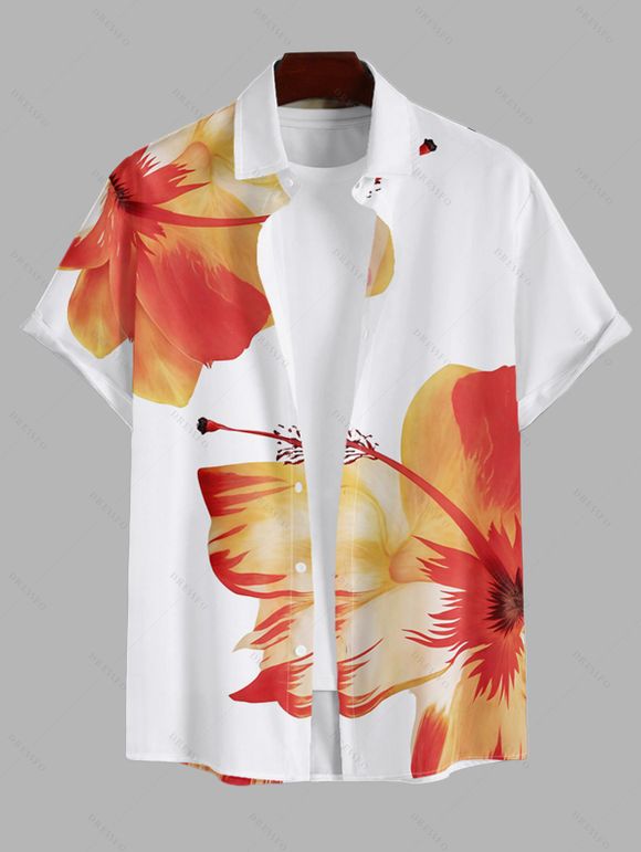 Chemise de Plage Motif de Fleur Tropicale Boutonnée à Manches Roulées pour Homme - Orange L