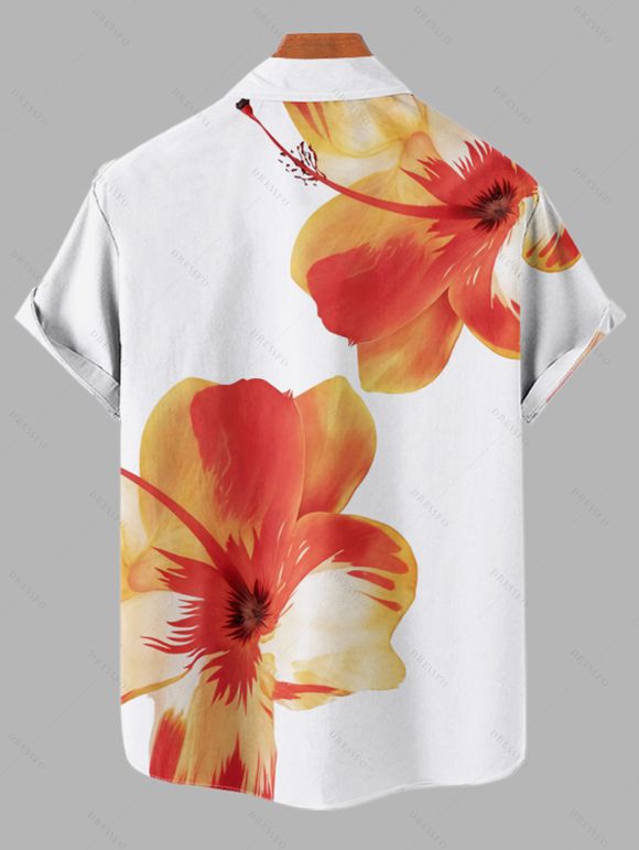 Chemise de Plage Motif de Fleur Tropicale Boutonnée à Manches Roulées pour Homme - Orange L
