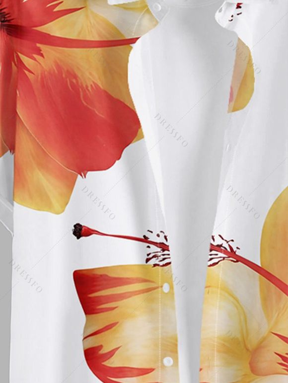 Chemise de Plage Motif de Fleur Tropicale Boutonnée à Manches Roulées pour Homme - Orange L
