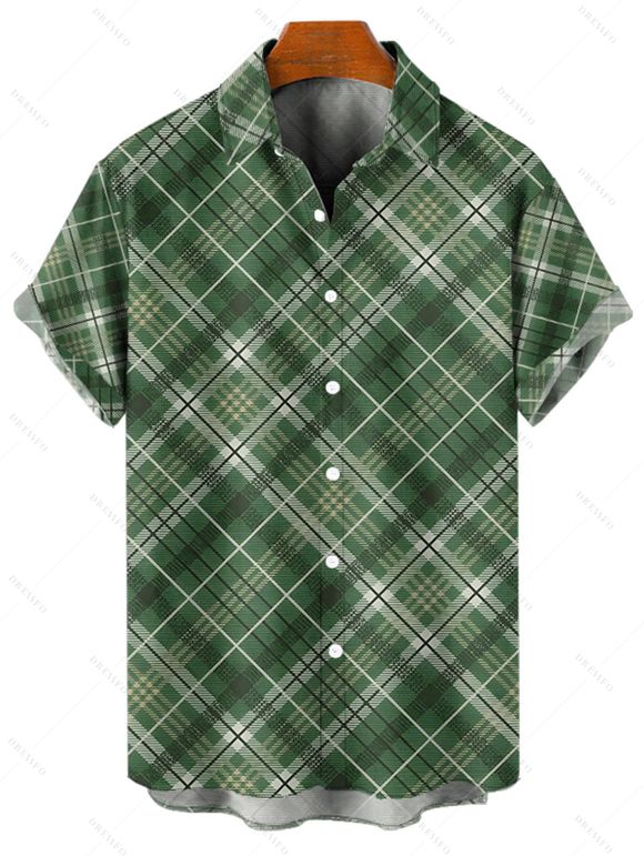 Chemise à Carreaux Vintage Boutonnée Manches Roulées à Col Relevé - Vert profond 5XL