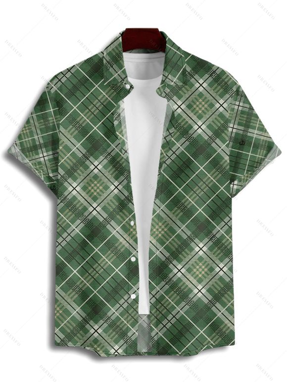 Chemise à Carreaux Vintage Boutonnée Manches Roulées à Col Relevé - Vert profond L