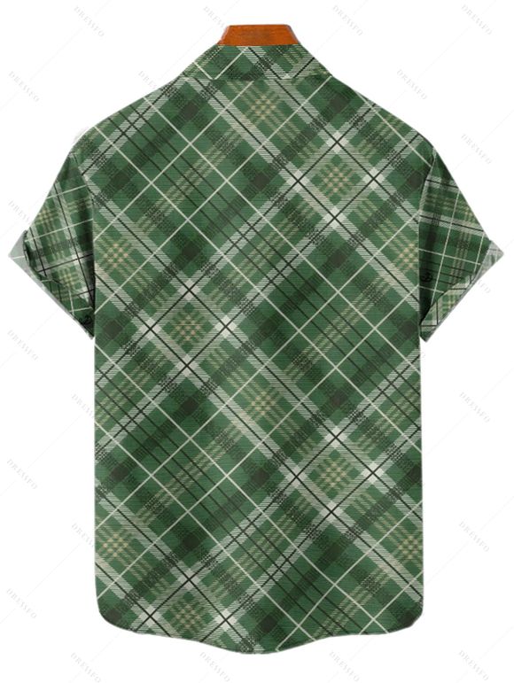 Chemise à Carreaux Vintage Boutonnée Manches Roulées à Col Relevé - Vert profond L