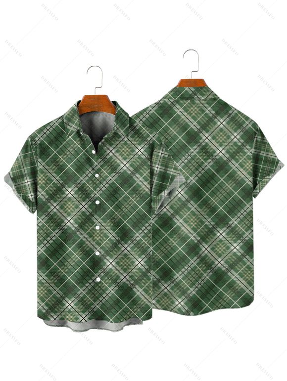 Chemise à Carreaux Vintage Boutonnée Manches Roulées à Col Relevé - Vert profond L
