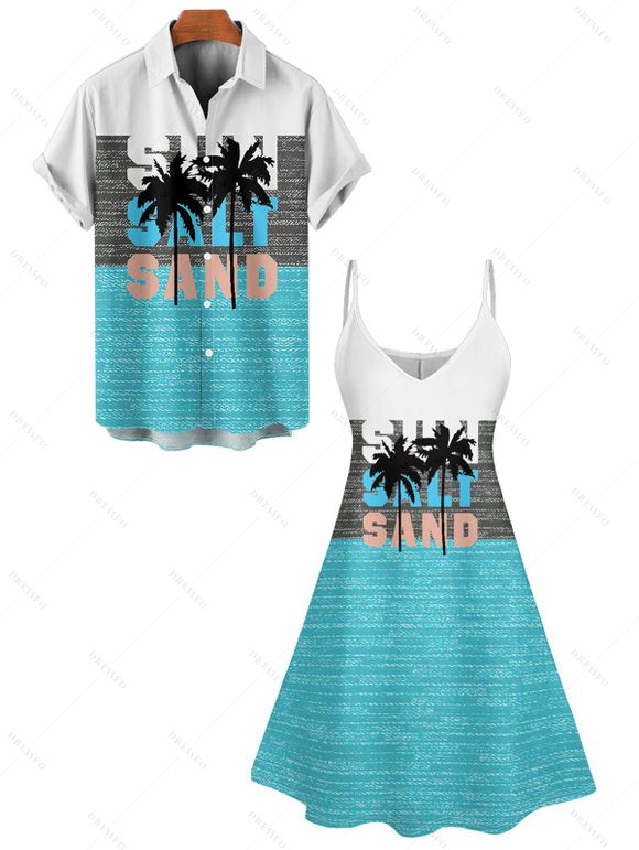 Vacation Couple Outfit Colorblock Palm Tree Letter Pattern Spaghetti Strap A Line Tank Dress and Roll Up Sleeve Shirt Matching Outfit - Vert clair S | US 4