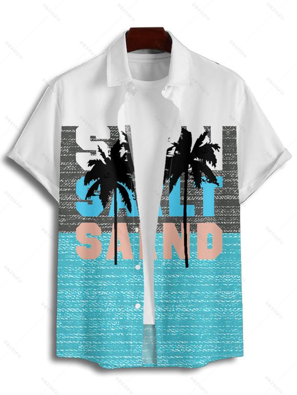 Vacation Couple Outfit Colorblock Palm Tree Letter Pattern Spaghetti Strap A Line Tank Dress and Roll Up Sleeve Shirt Matching Outfit - Vert clair S | US 4