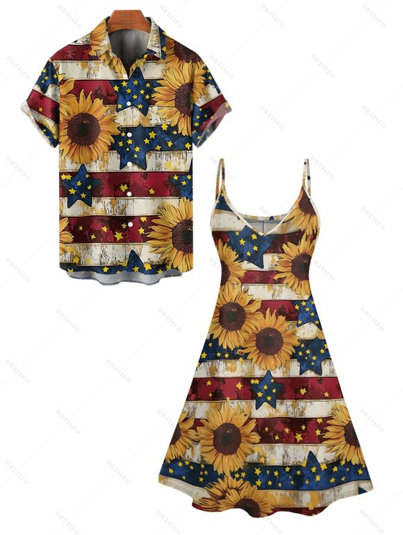 Patriotic Couple Outfit Star Striped Sunflower Pattern Spaghetti Strap A Line Tank Dress and Roll Up Sleeve Shirt Independence Day Outfit - multicolor A S | US 4