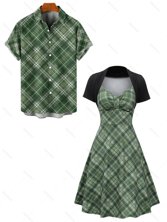 Vintage Couple Outfit Plaid Print Ruched Bust Empire Waist A Line Faux Twinset Dress and Roll Up Sleeve Shirt Retro Matching Outfit - Vert profond S | US 4