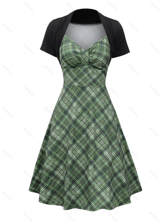 Vintage Couple Outfit Plaid Print Ruched Bust Empire Waist A Line Faux Twinset Dress and Roll Up Sleeve Shirt Retro Matching Outfit - Vert profond S | US 4