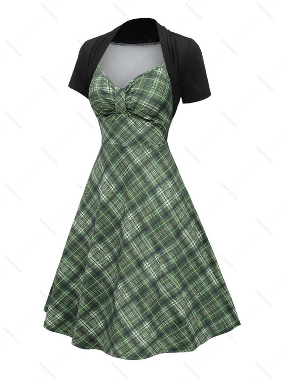 Vintage Couple Outfit Plaid Print Ruched Bust Empire Waist A Line Faux Twinset Dress and Roll Up Sleeve Shirt Retro Matching Outfit - Vert profond S | US 4