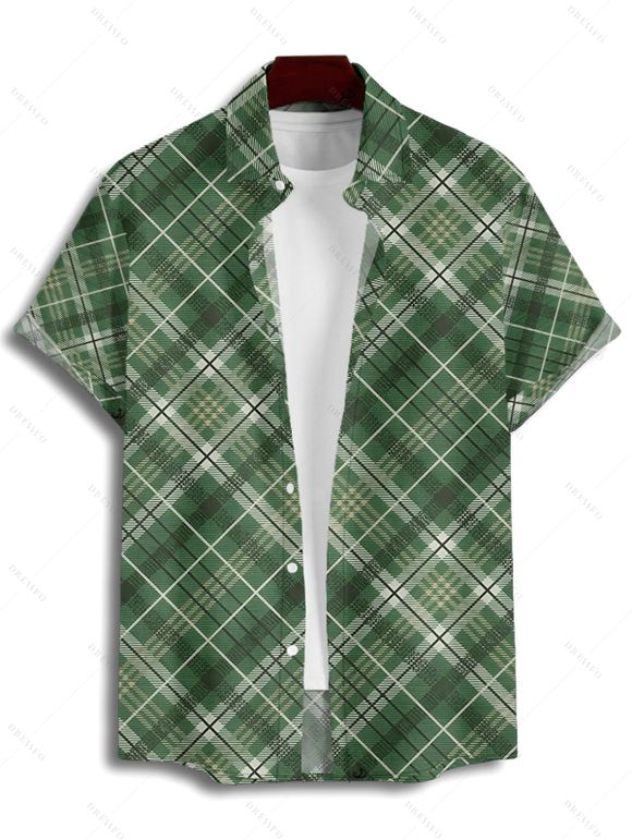 Vintage Couple Outfit Plaid Print Ruched Bust Empire Waist A Line Faux Twinset Dress and Roll Up Sleeve Shirt Retro Matching Outfit - Vert profond S | US 4