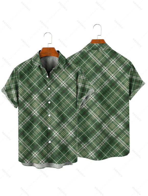 Vintage Couple Outfit Plaid Print Ruched Bust Empire Waist A Line Faux Twinset Dress and Roll Up Sleeve Shirt Retro Matching Outfit - Vert profond S | US 4