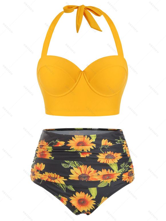 Maillot de Bain Bikini Contrôle du Ventre à Imprimé Tournesol à Volants à Col Halter - Jaune M