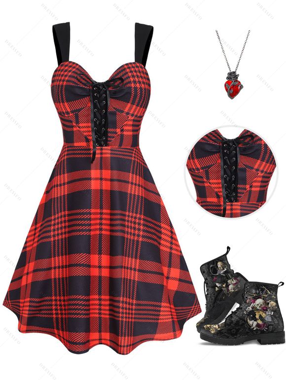 Gothic Outfit Plaid Print Grommet Lace Up Sleeveless High Waist A Line Mini Dress and Heart Rose Dark Floral Necklace Skull Floral Print Lace-Up Boots Outfit - Rouge S | US 4