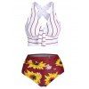 Maillot de Bain Bikini Croisé Rayé Noué Gainant à Imprimé Tournesol - Rouge M