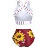 Maillot de Bain Bikini Croisé Rayé Noué Gainant à Imprimé Tournesol - Rouge M