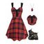 Gothic Outfit Plaid Print Grommet Lace Up Sleeveless High Waist A Line Mini Dress and Heart Rose Dark Floral Necklace Skull Floral Print Lace-Up Boots Outfit - Rouge S | US 4