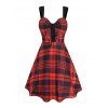 Gothic Outfit Plaid Print Grommet Lace Up Sleeveless High Waist A Line Mini Dress and Heart Rose Dark Floral Necklace Skull Floral Print Lace-Up Boots Outfit - Rouge S | US 4