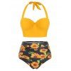 Maillot de Bain Bikini Contrôle du Ventre à Imprimé Tournesol à Volants à Col Halter - Jaune XL