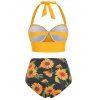 Maillot de Bain Bikini Contrôle du Ventre à Imprimé Tournesol à Volants à Col Halter - Jaune XL