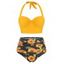Maillot de Bain Bikini Contrôle du Ventre à Imprimé Tournesol à Volants à Col Halter - Noir 3XL