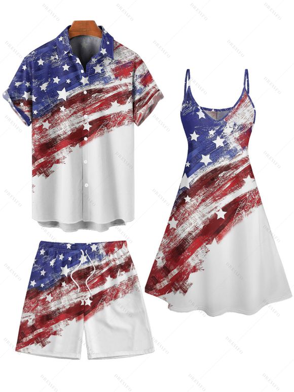 Patriotic Couple Outfit American Flag Striped Star Pattern Spaghetti Strap A Line Tank Dress and Roll Up Sleeve Shirt Drawstrings Shorts Matching Outfit - Bleu S | US 4