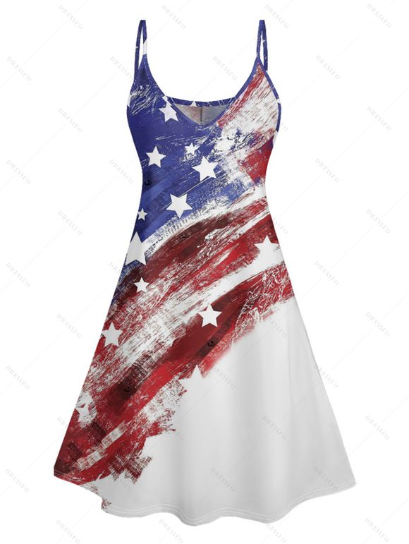 Patriotic Couple Outfit American Flag Striped Star Pattern Spaghetti Strap A Line Tank Dress and Roll Up Sleeve Shirt Drawstrings Shorts Matching Outfit - Bleu S | US 4