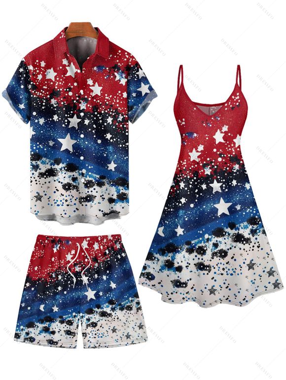 Patriotic Couple Outfit Star Striped Pattern American Flag Spaghetti Strap A Line Tank Dress and Roll Up Sleeve Shirt Drawstrings Shorts Matching Outfit - multicolor S | US 4