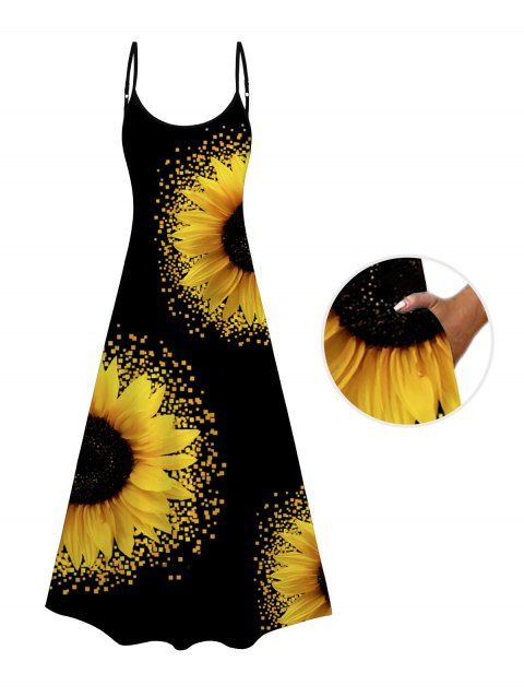 Robe Longue Ligne A Décontractée Motif de Tournesol avec Poche à Bretelle Fine