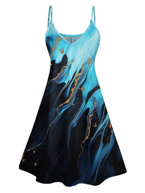 Printed Colorblock Vacation Dress Spaghetti Strap V Neck A Line Mini Tank Dress
