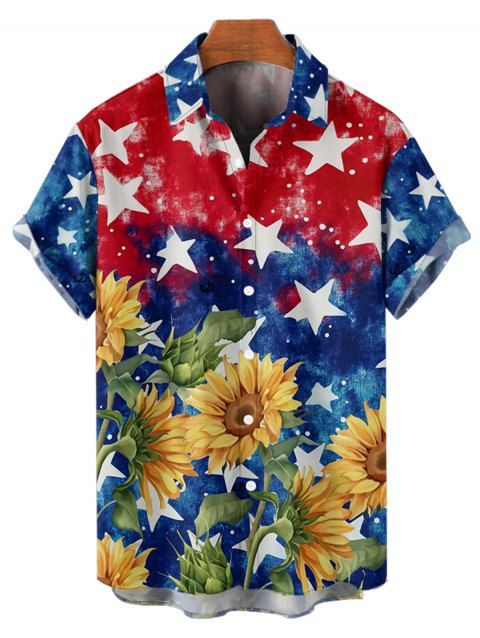 Chemise à Boutons Motif Tournesol Etoile en Blocs de Couleurs à Manches Roulées pour Homme