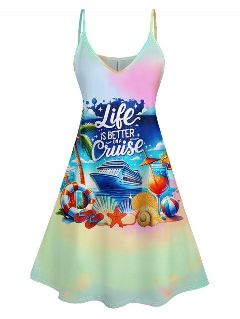 Mini Robe de Vacances Ligne A Colorée Motif de Paysage de Plage et de Cocotier