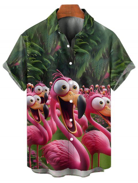 Chemise de Vacances Décontractée Flamant Dessin Animé Imprimé Boutonnée à Manches Roulées pour Homme