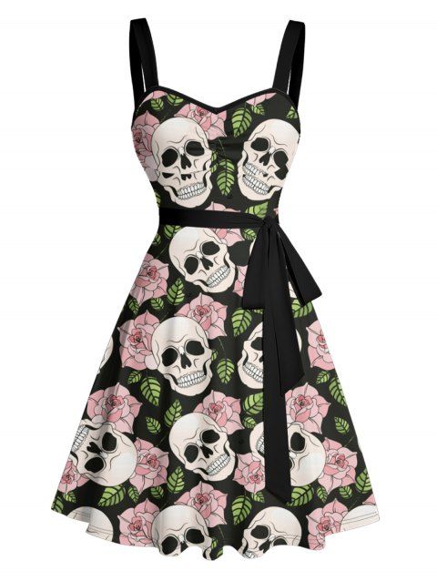Allover Skulls Rose Pattern Gothic Dress Ruched Bust Sweetheart Neck Belt A Line Vacation Dress