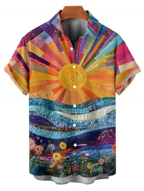 Chemise de Vacances Décontractée Fleurie Peinture à L'Huile Colorée Manches Roulées