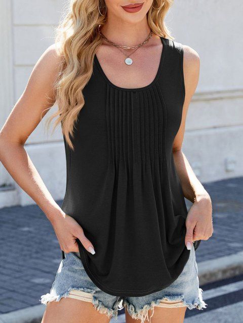 Solid Color Ruched Tank Top Round Neck Curved Hem Long Casual Tank Top