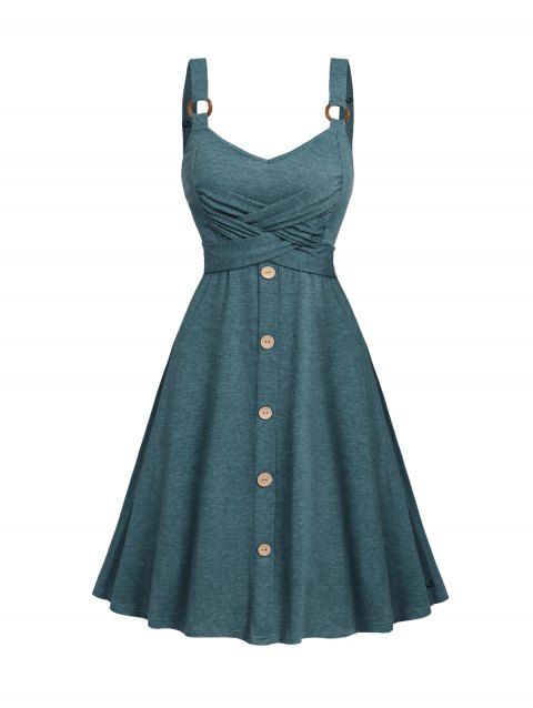Heather Crossover Mock Button Dress O Ring Strap High Waisted A Line Mini Casual Dress