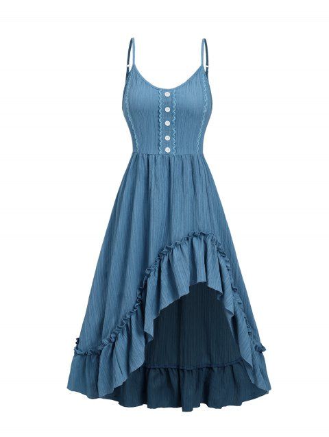 Solid Color Textured High-Low Buckle Asymmetric Ruffle Without Belt Vacation Dress