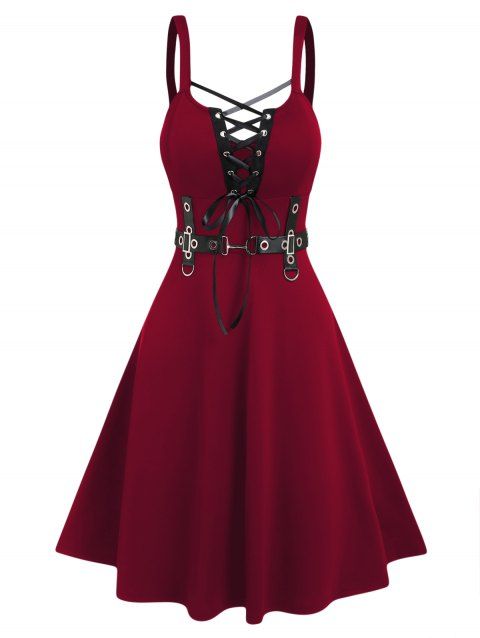 Punk Gothic Dress Lace Up D-ring Eyelet Straps A Line Dress Sleeveless High Waist Dress