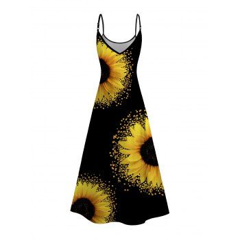 Sunflower Pattern Pocket Spaghetti Strap Vacation Dress Floral Print A Line Casual Long Dress