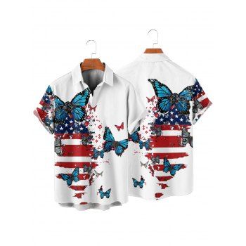 Independence Day Couple Outfit American Flag Butterfly Pattern Spaghetti Strap Dress and Roll Up Sleeve Shirt Patriotic Matching Outfit
