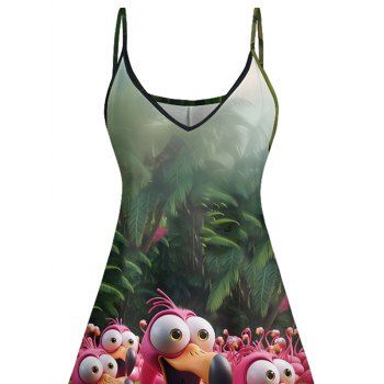 Forest Cartoon Flamingo Pattern Vacation Dress Spaghetti Strap A Line Mini Tank Dress
