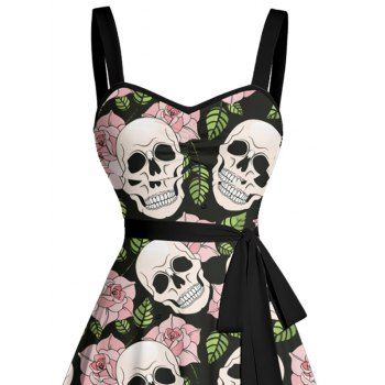 Allover Skulls Rose Pattern Gothic Dress Ruched Bust Sweetheart Neck Belt A Line Vacation Dress